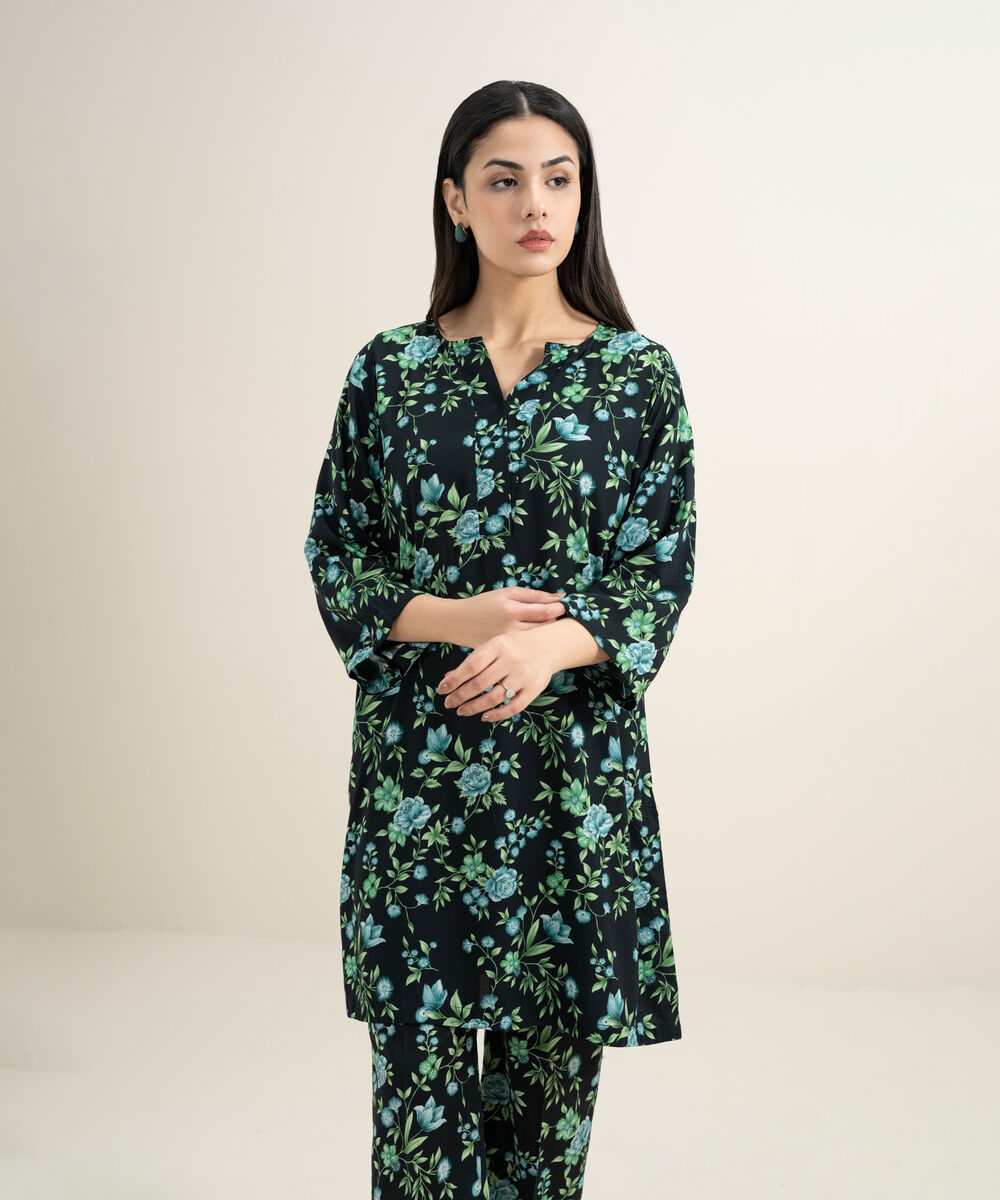 Women's RTW Arabic Lawn Printed Black 2 Piece Suit