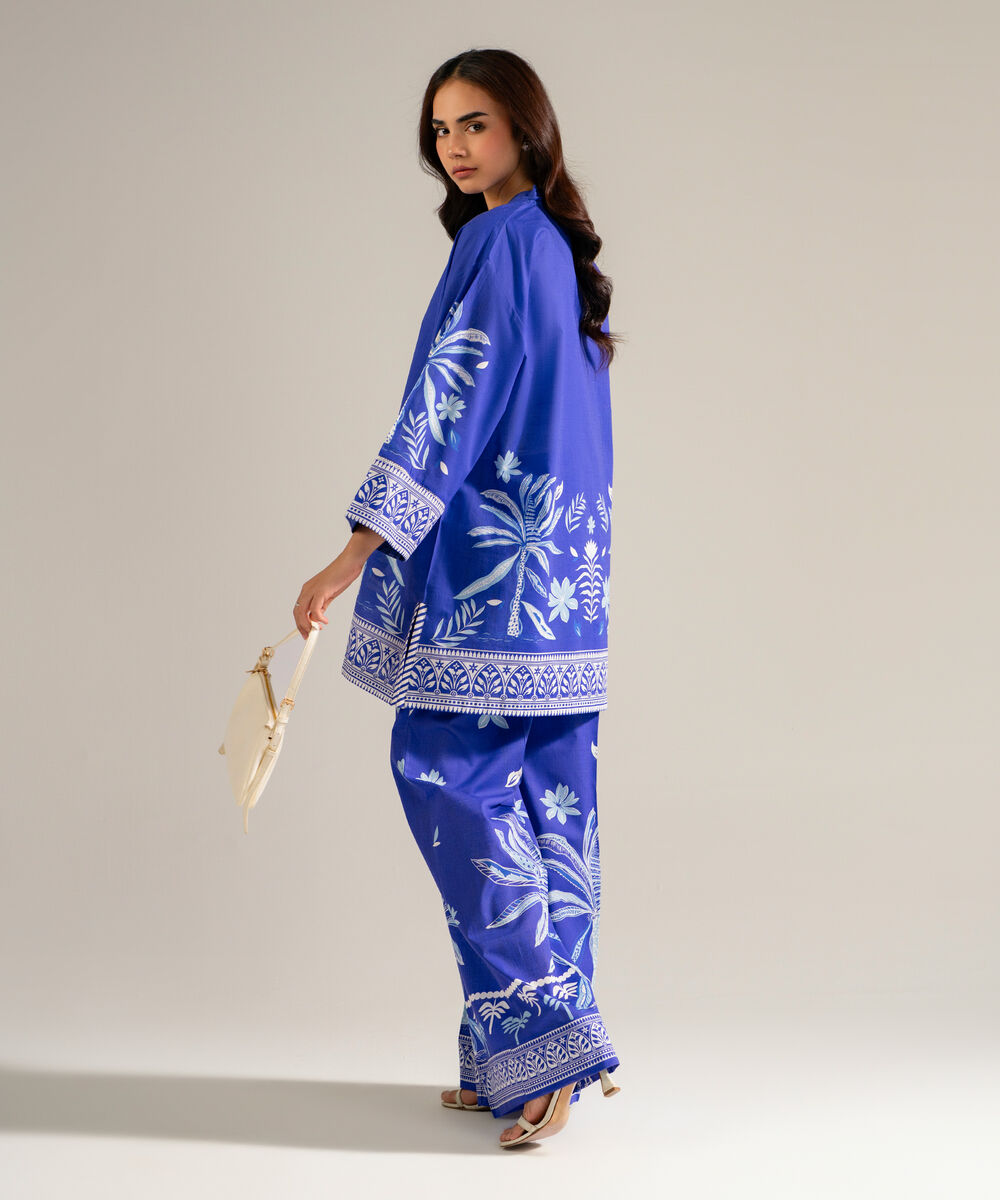 Women's RTW Slub Lawn Printed Blue Drop Shoulder Shirt