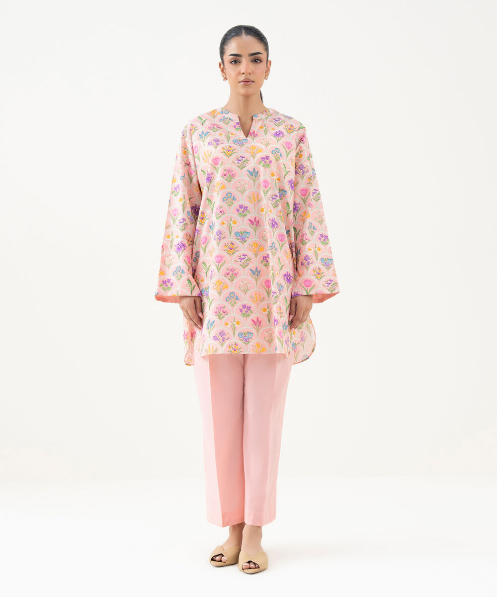 Women's RTW Cambric Printed Pink Drop Shoulder Shirt