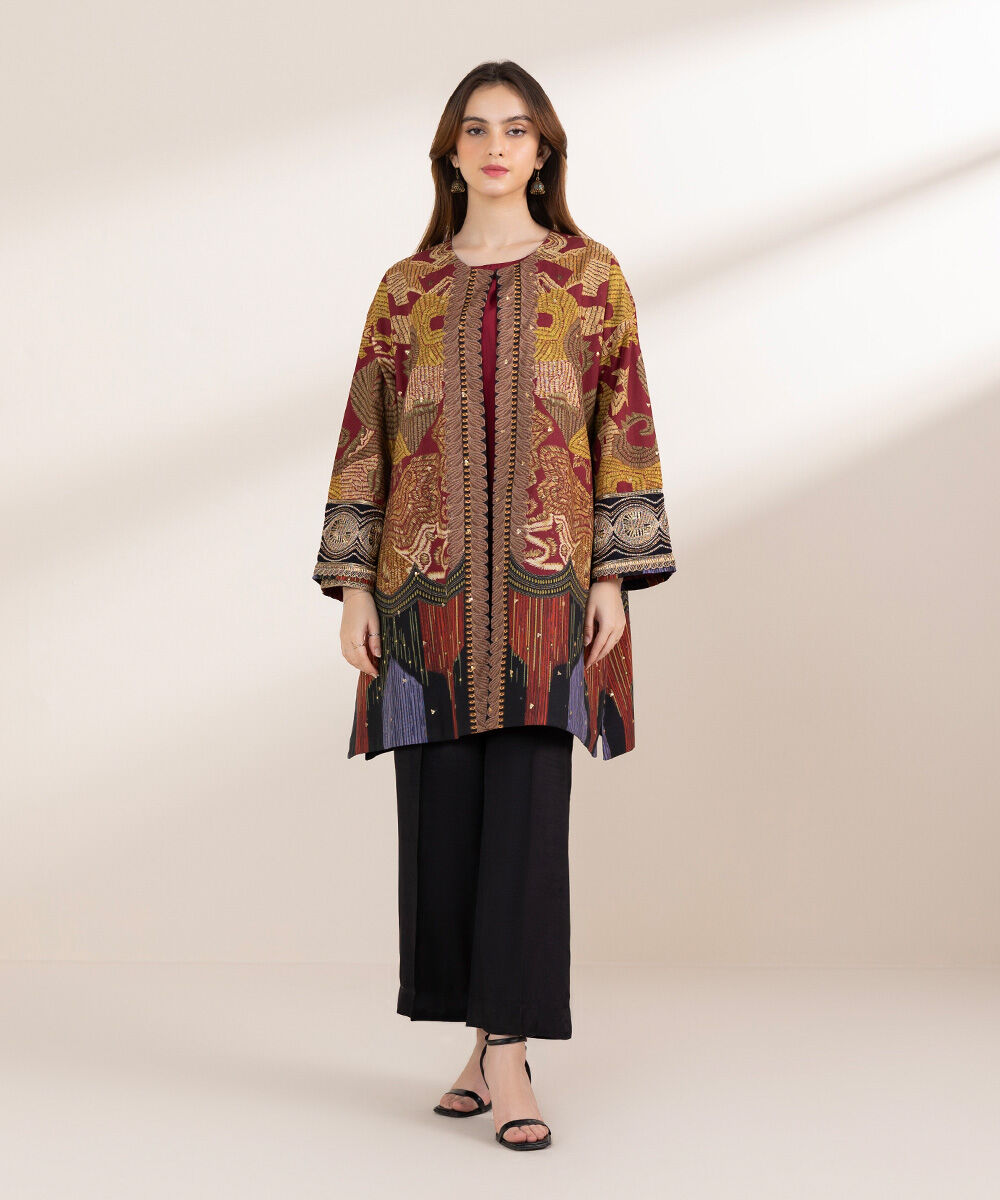 Women's Pret Cambric Maroon Embroidered Boxy Shirt