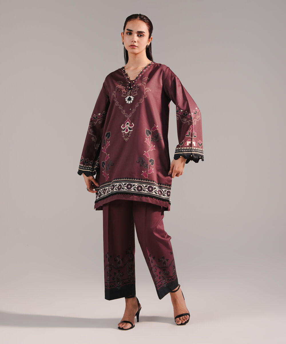 Women's RTW Cotton Satin Printed Brown Straight Shirt