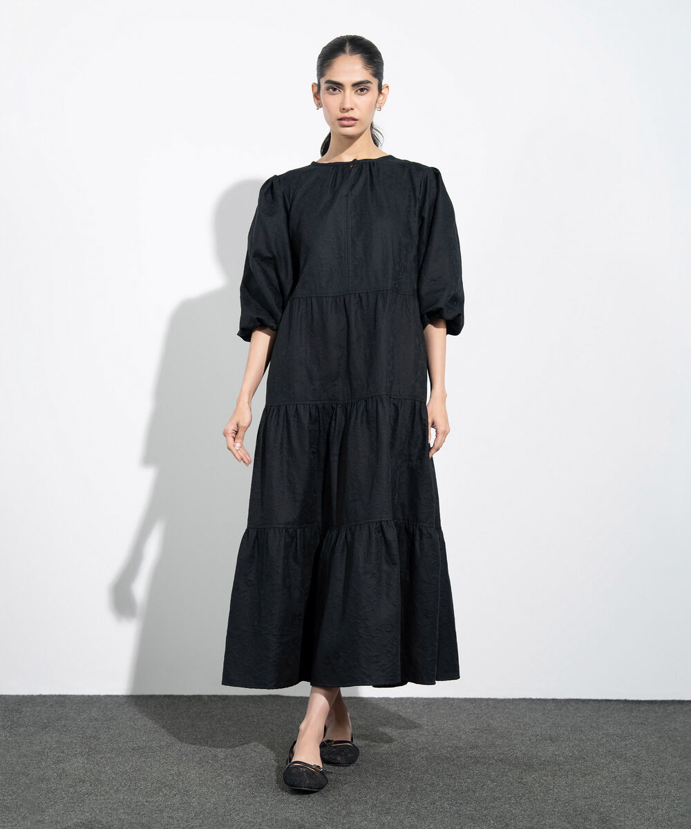 Women's Western Black Floral Textured Jacquard Dress