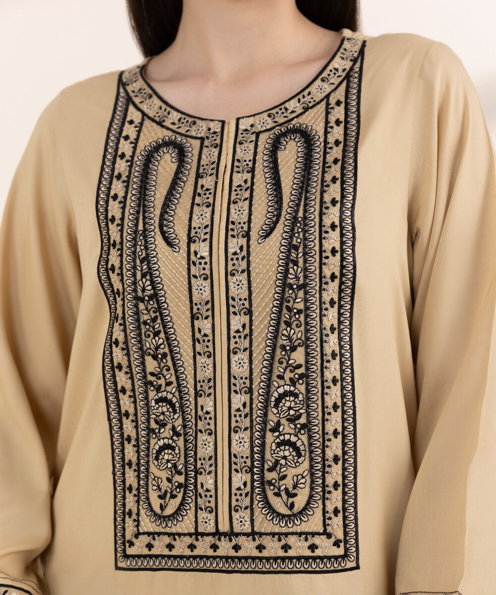 Women's RTW Arabic Lawn Beige Embroidered A-Line Shirt