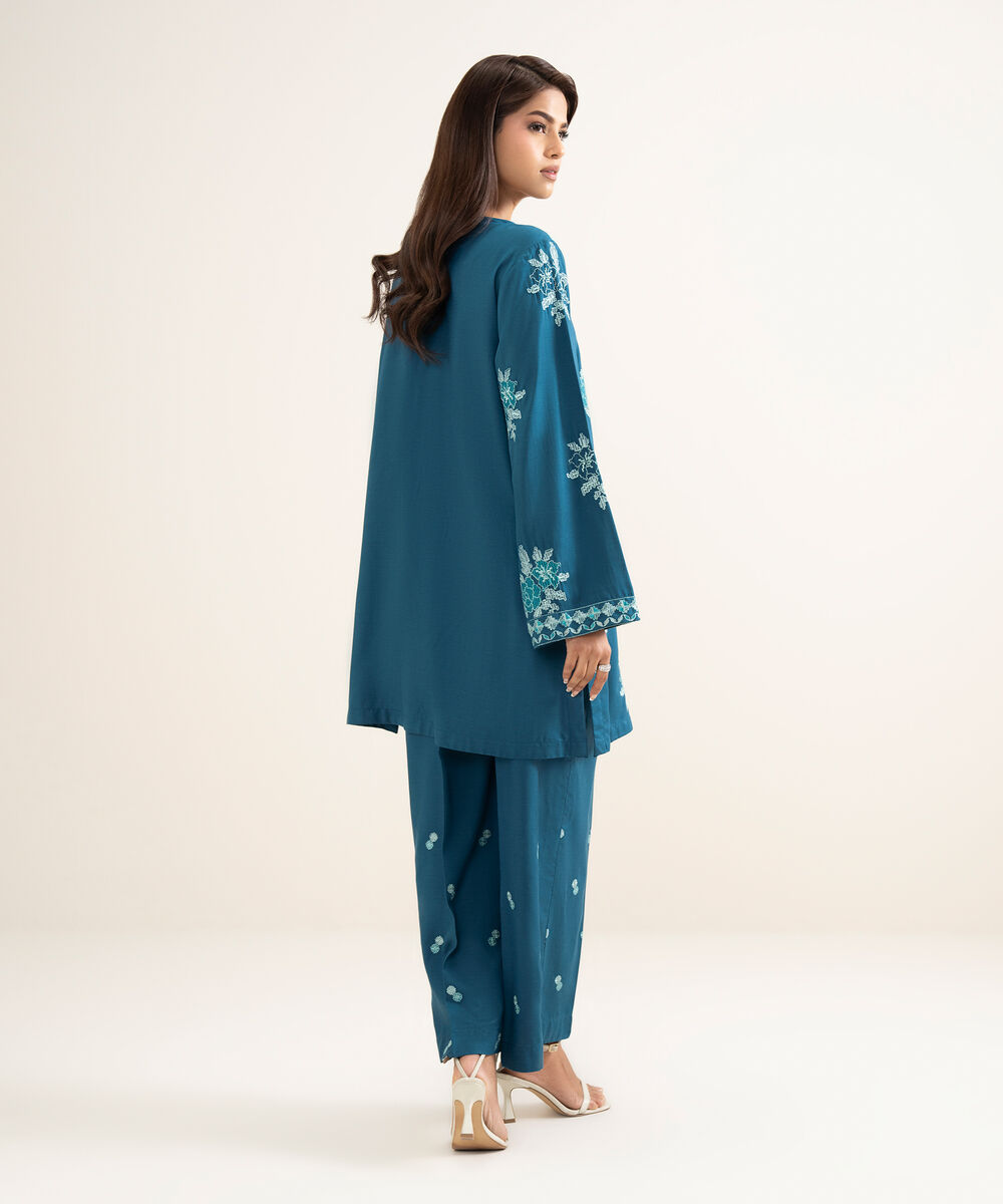 Women's RTW Cotton Viscose Embroidered Blue Straight Shirt