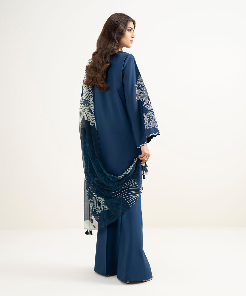 Women's Unstitched Textured Lawn Embroidered Blue 3 Piece Suit
