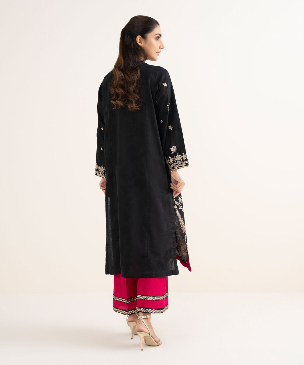 Women's RTW Self Jacquard Leno Embroidered Black A-Line Shirt