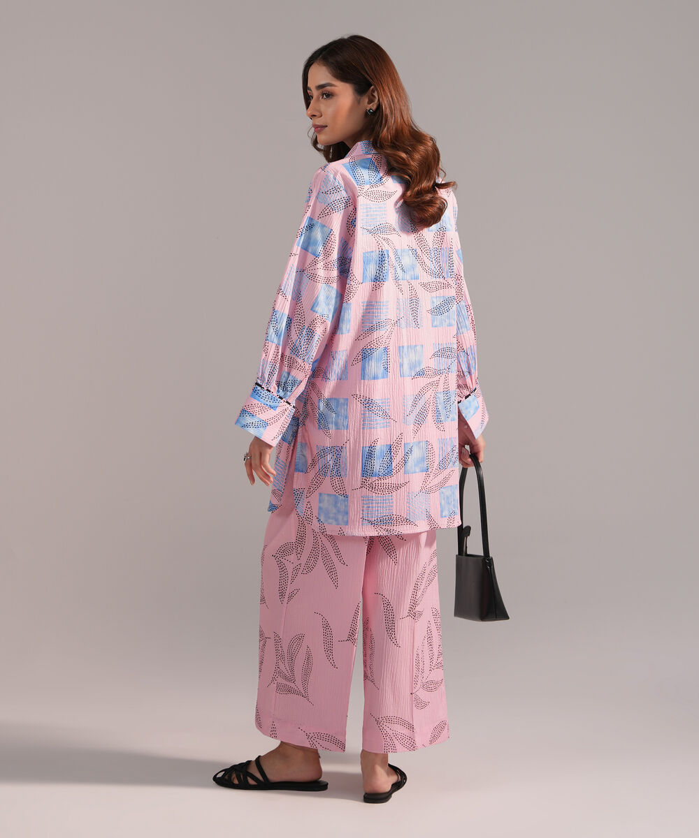 Women's RTW Seersucker Printed Pink Straight Shirt