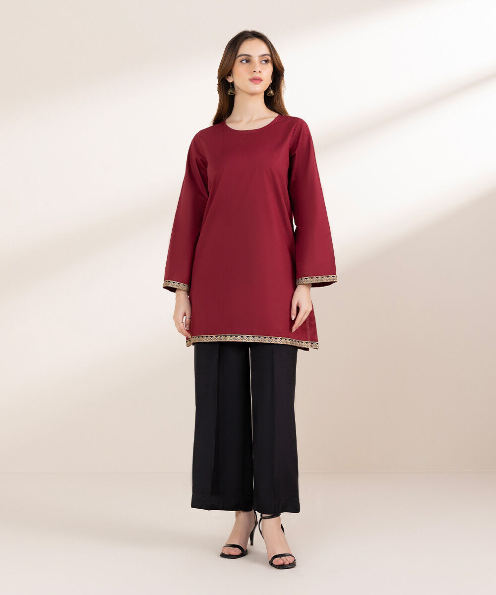 Women's Pret Cambric Maroon Embroidered Front Open Jacket