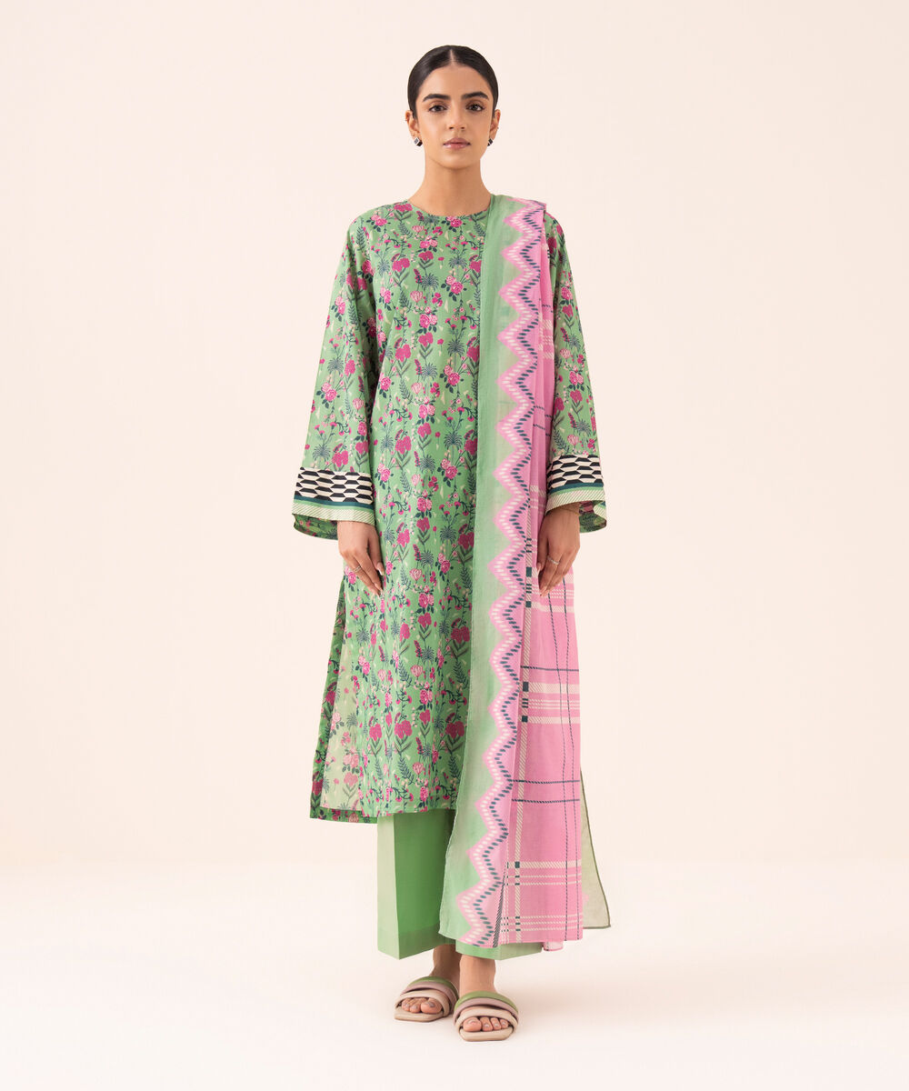 Women's Unstitched Cotton Printed Green Three Piece Suit