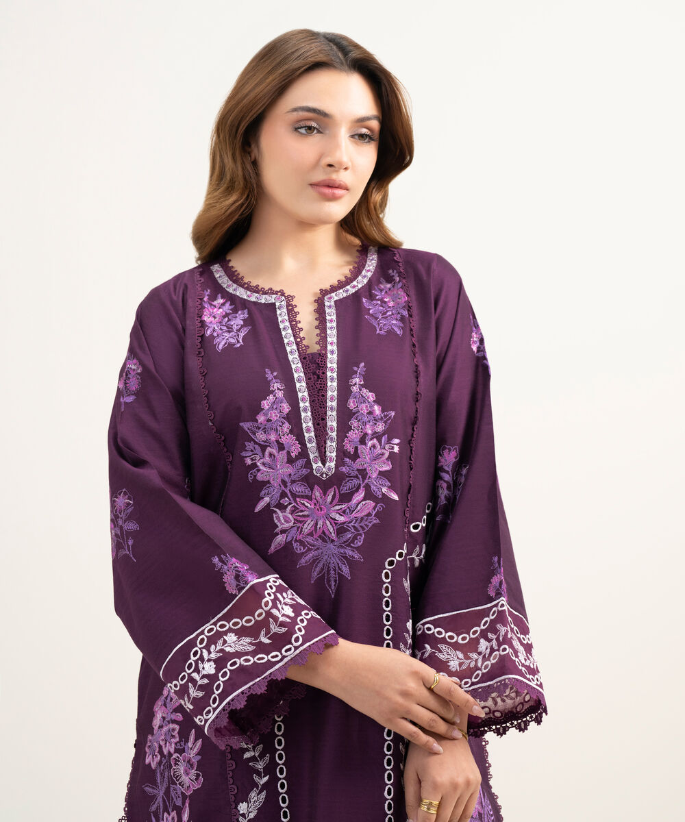 Women's RTW Silk Cotton Net Embroidered Purple 2 Piece Suit