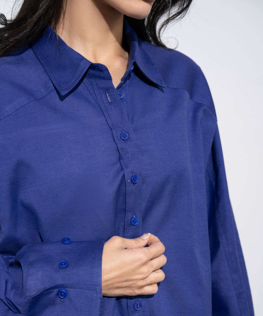 Women's Western Blue Relaxed-Fit Linen Blend Shirt