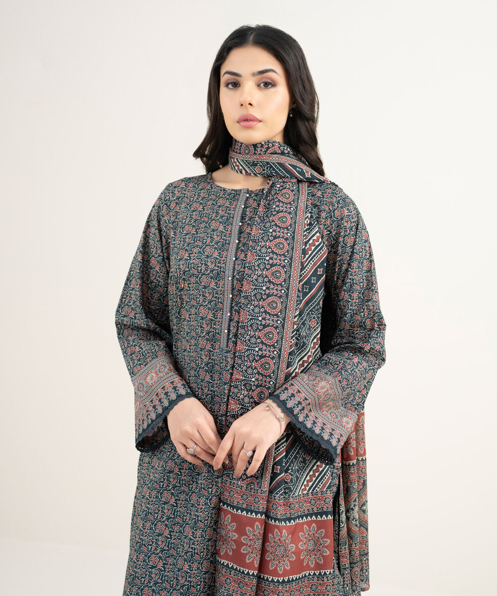 Women's RTW Lawn Printed Dark Blue 3 Piece Suit