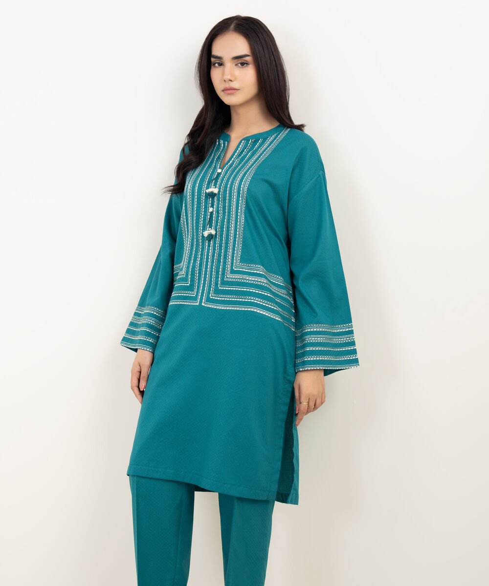 Women's RTW Dobby Embroidered Green Drop Shoulder Shirt