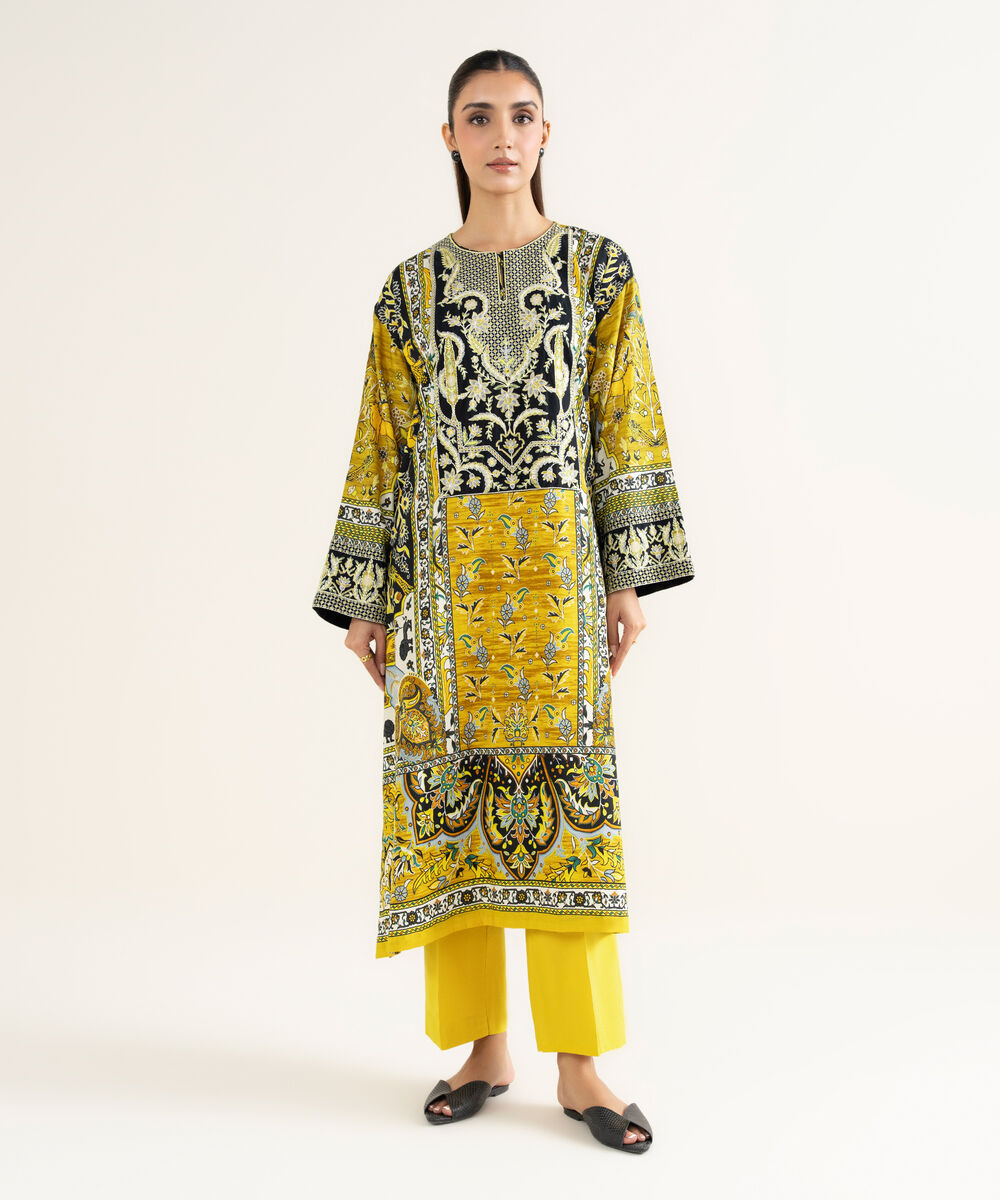 Women's RTW Linen Viscose Embroidered Yellow A-Line Shirt