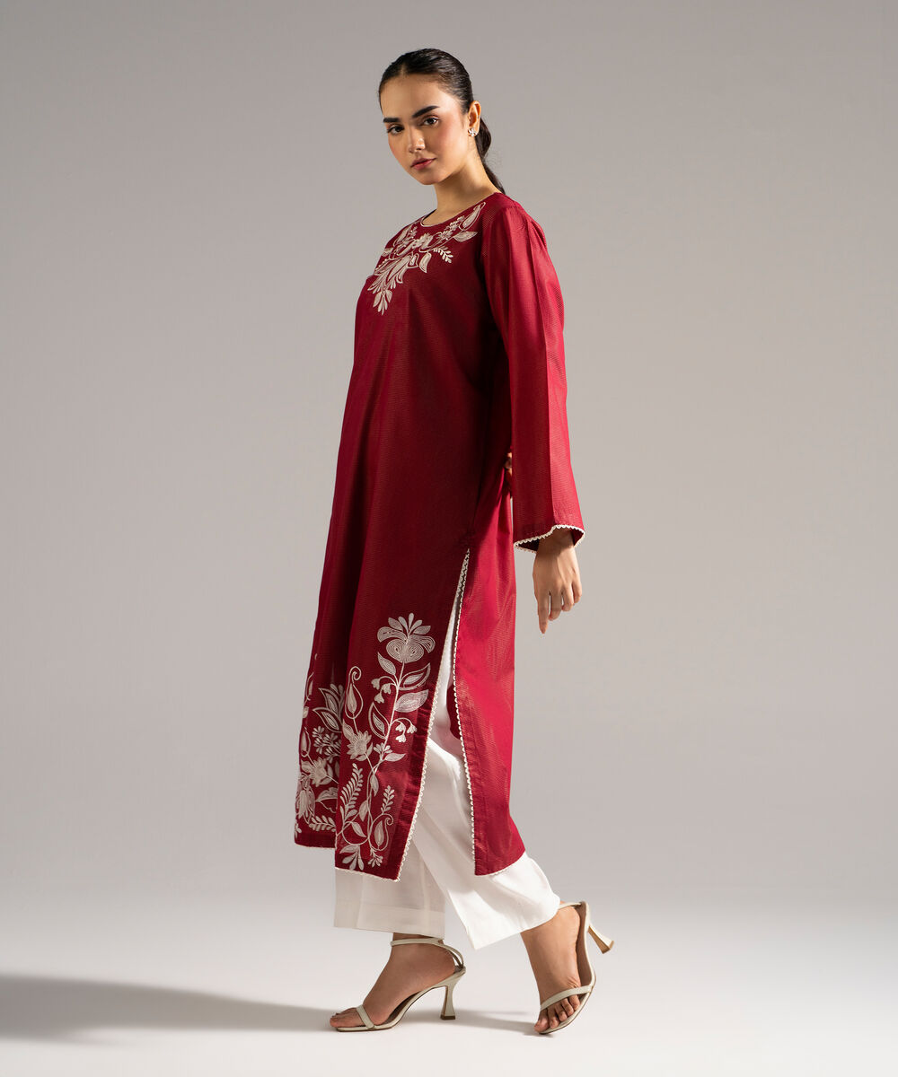 Women's RTW Zari Lawn Embroidered Red Straight Shirt