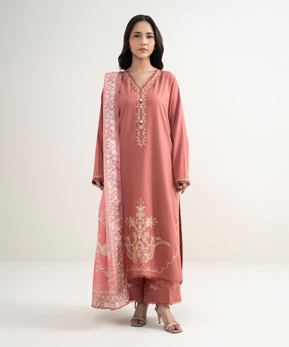 Women's RTW Raw Silk Viscose Embroidered Salmon 3 Piece Suit