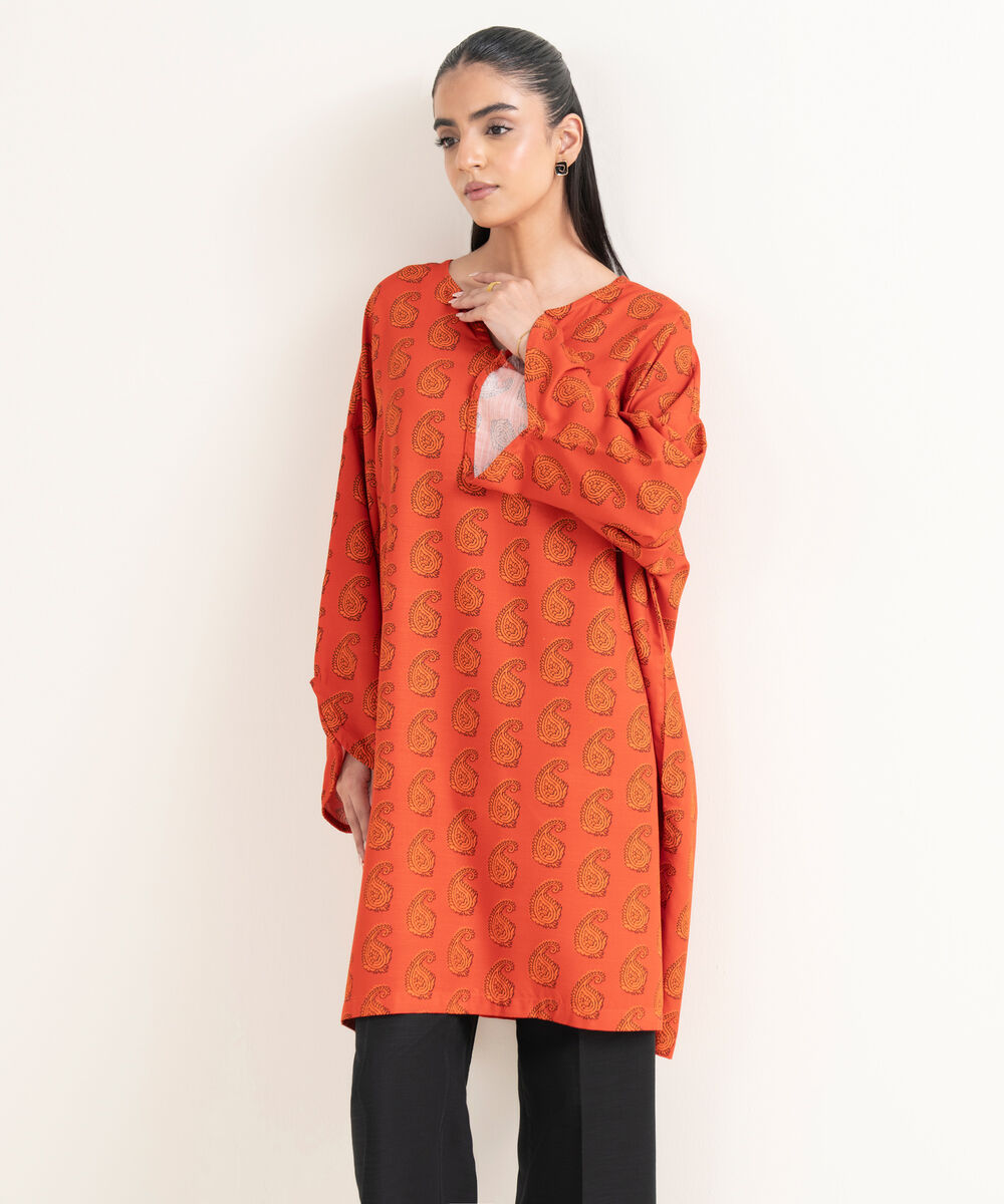 Women's RTW Cotton Printed Drop Shoulder Orange Shirt