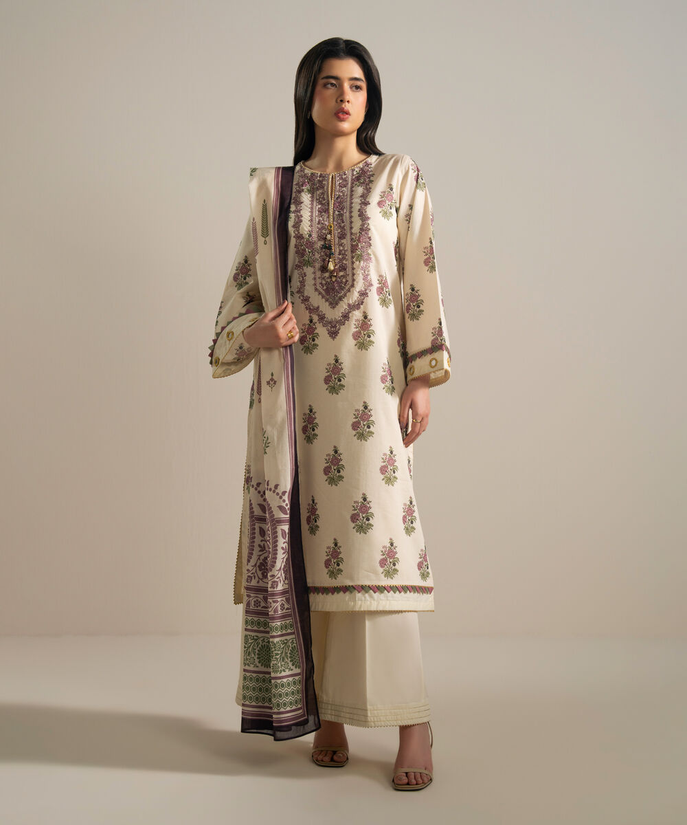 Women's RTW Zari Lawn Embroidered Off White 3 Piece Suit