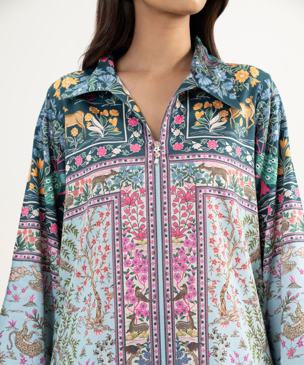 Women's RTW Premium Visocose Satin Printed Blue Straight Shirt