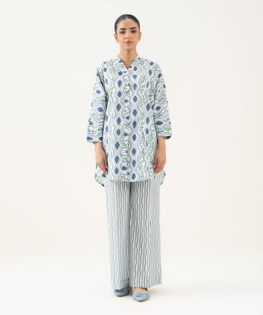 Women's RTW Crosshatch Printed Blue Drop Shoulder Shirt