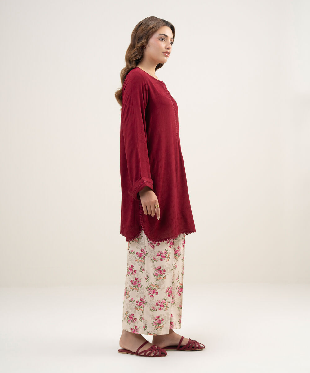Women's RTW Arabic Self Jacquard Solid Maroon Straight Shirt