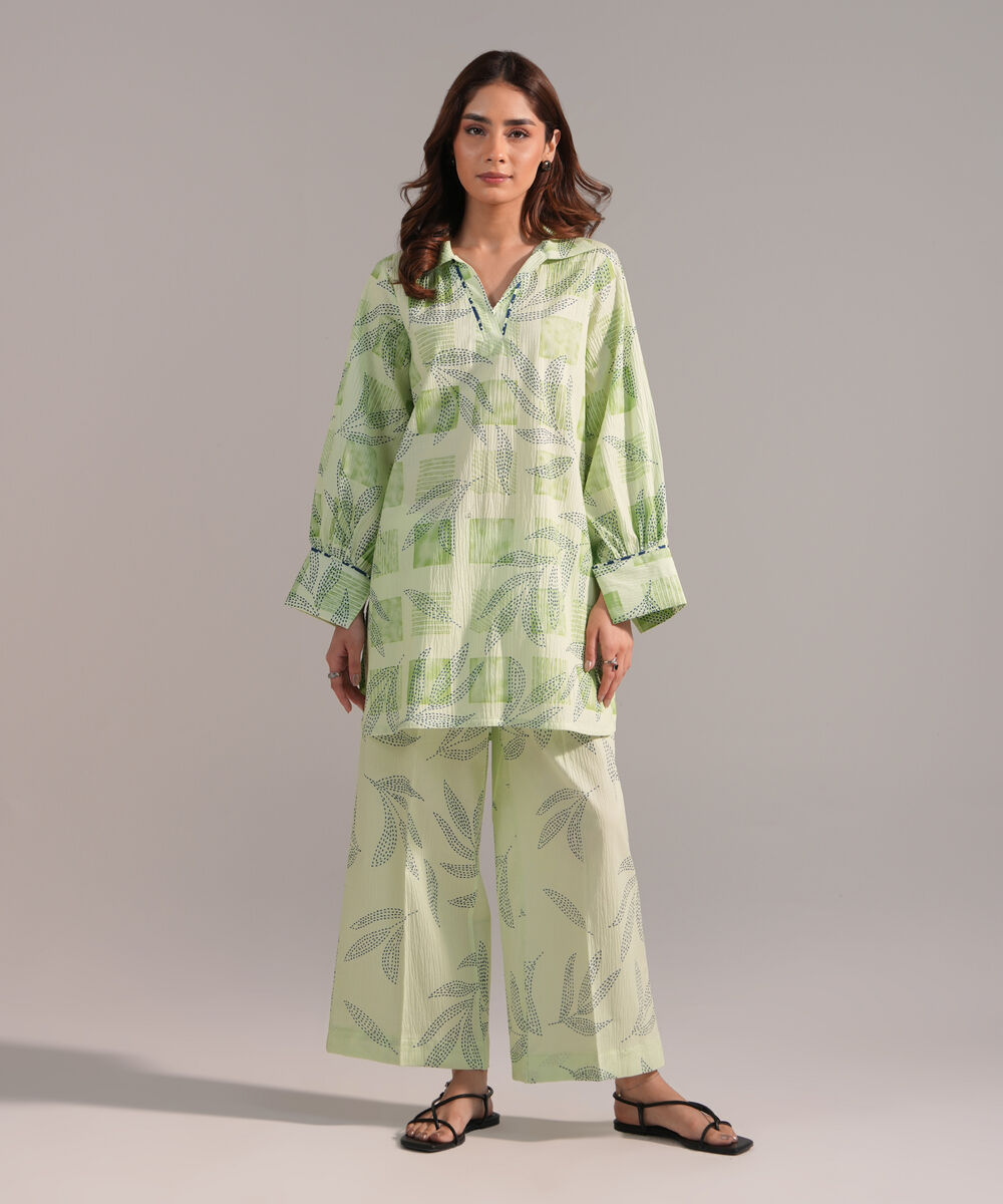Women's RTW Seersucker Printed Green Straight Shirt