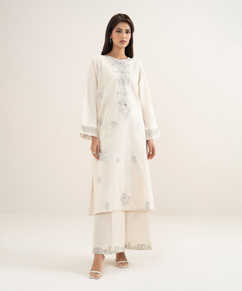 Women's RTW Self Jacquard Embroidered Off White A-Line Shirt