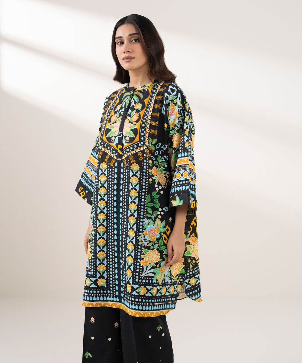 Women's RTW Light Khaddar Printed Straight Blue Shirt