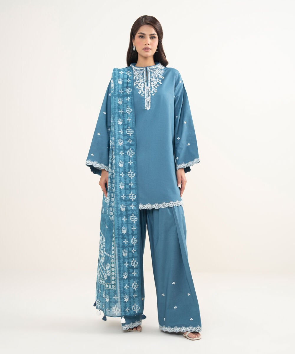 Women's Unstitched Cotton  Embroidered Bllue 3 Piece Suit