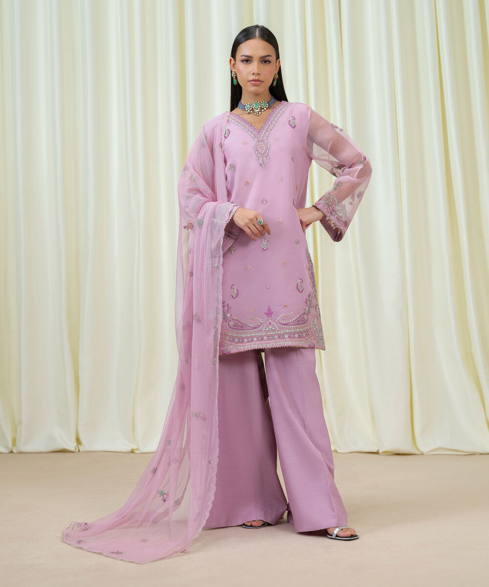Women's Unstitched Blended Organza Embroidered Purple 3 Piece Suit