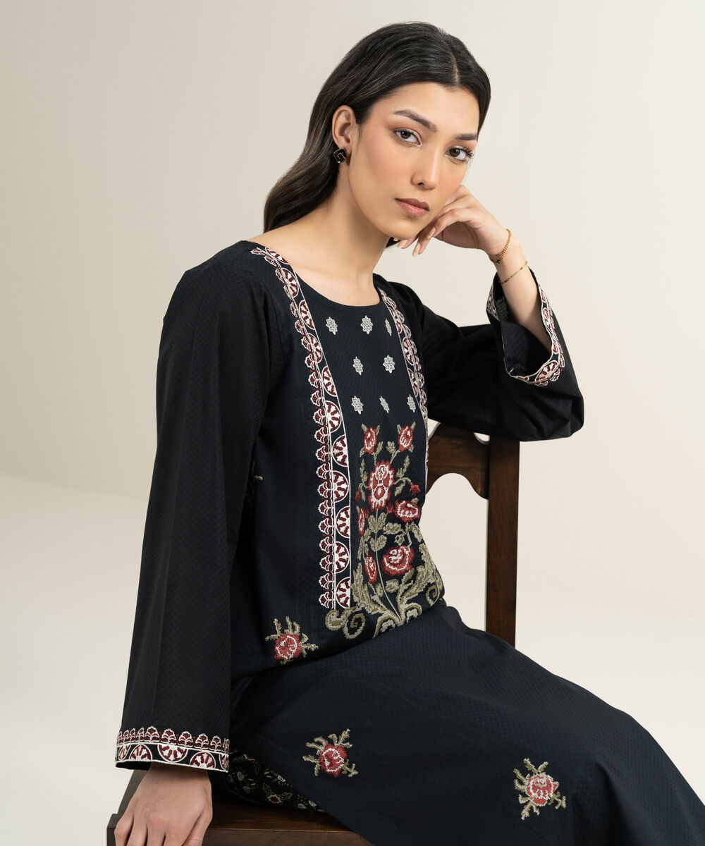 Women's RTW Dobby Embroidered Black Straight Shirt