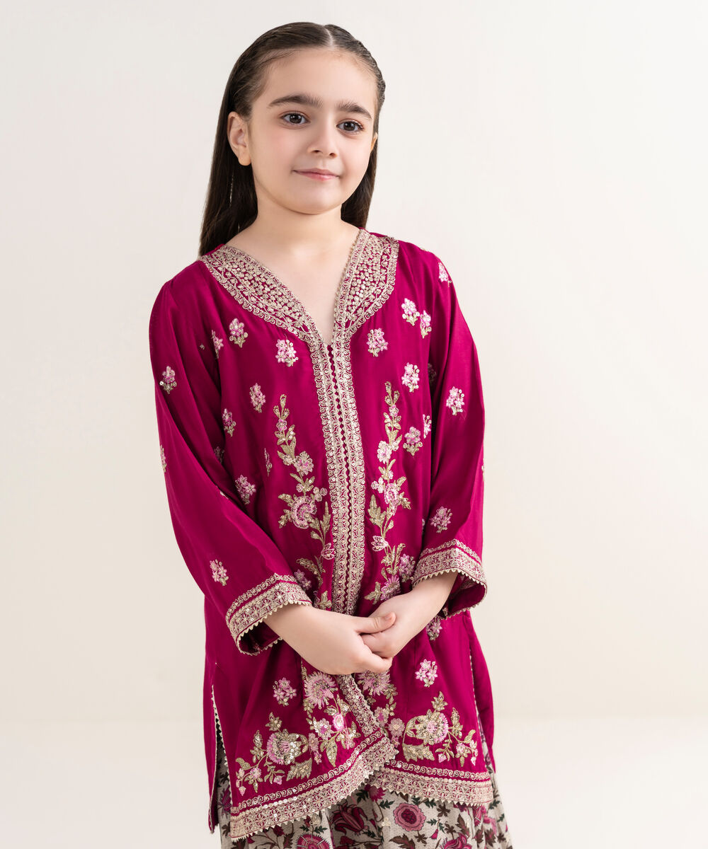 Girl's Viscose Raw Silk Pink Embroidered 2 Piece Suit