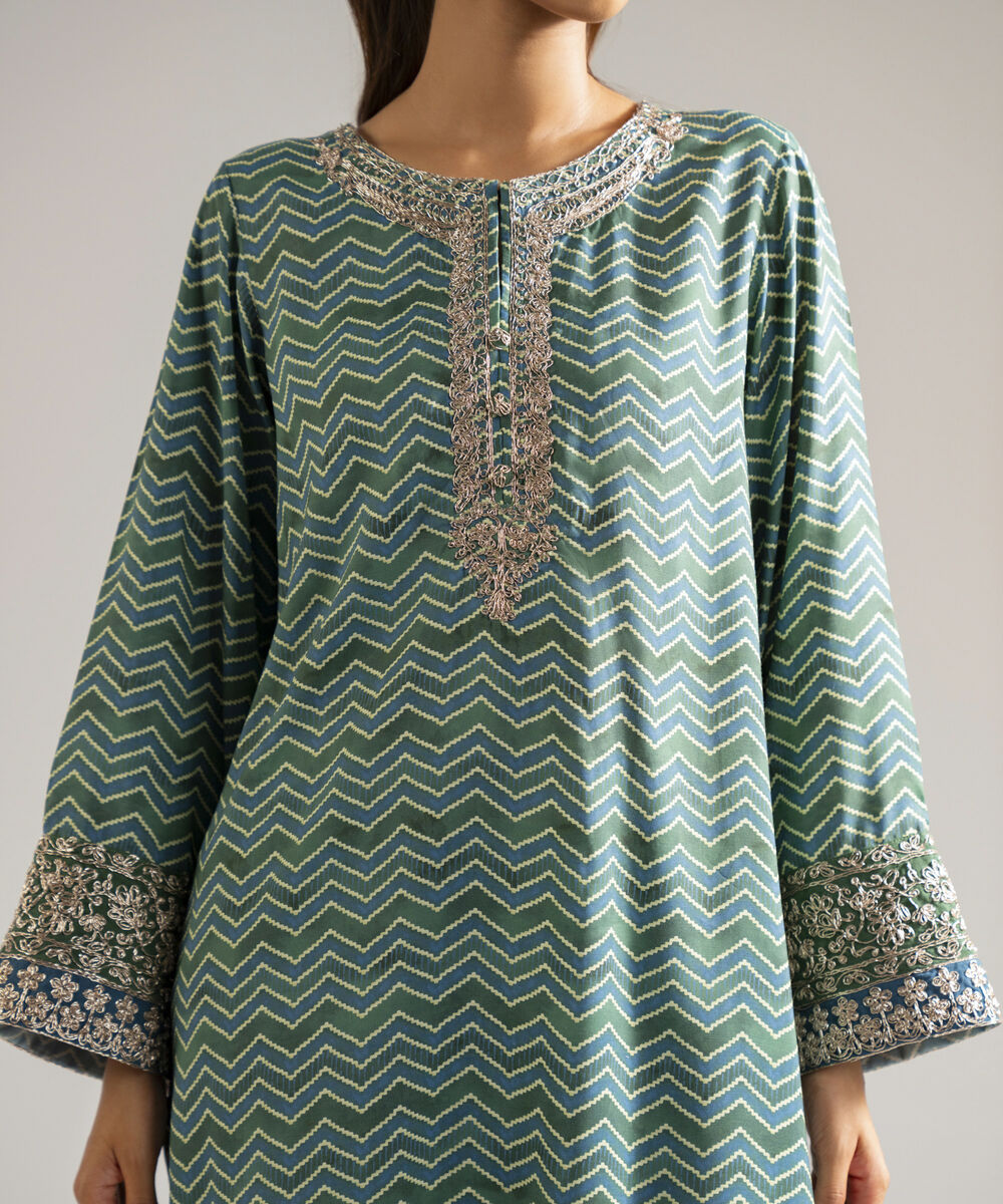 Women's RTW Raw Silk Embroidered Green 3 Piece Suit