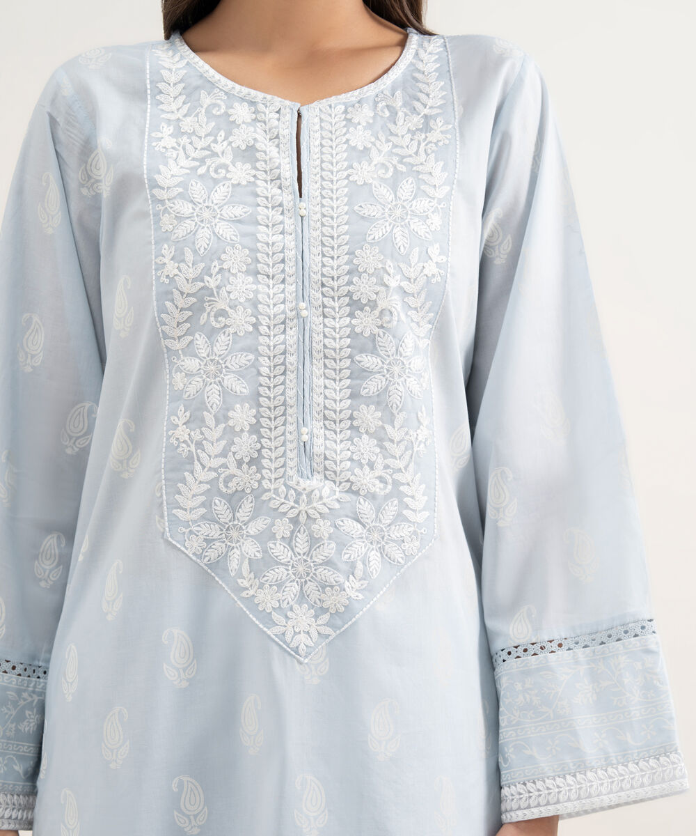 Women's RTW Lawn Embroidered Ice Blue Straight Shirt