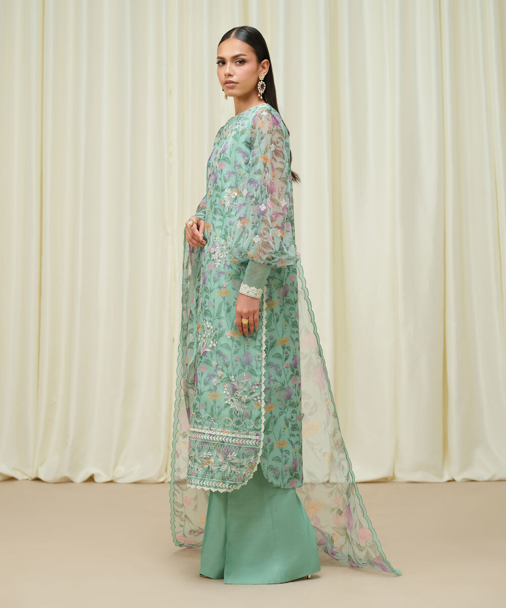 Women's Unstitched Blended Organza Embroidered Blue 3 Piece Suit