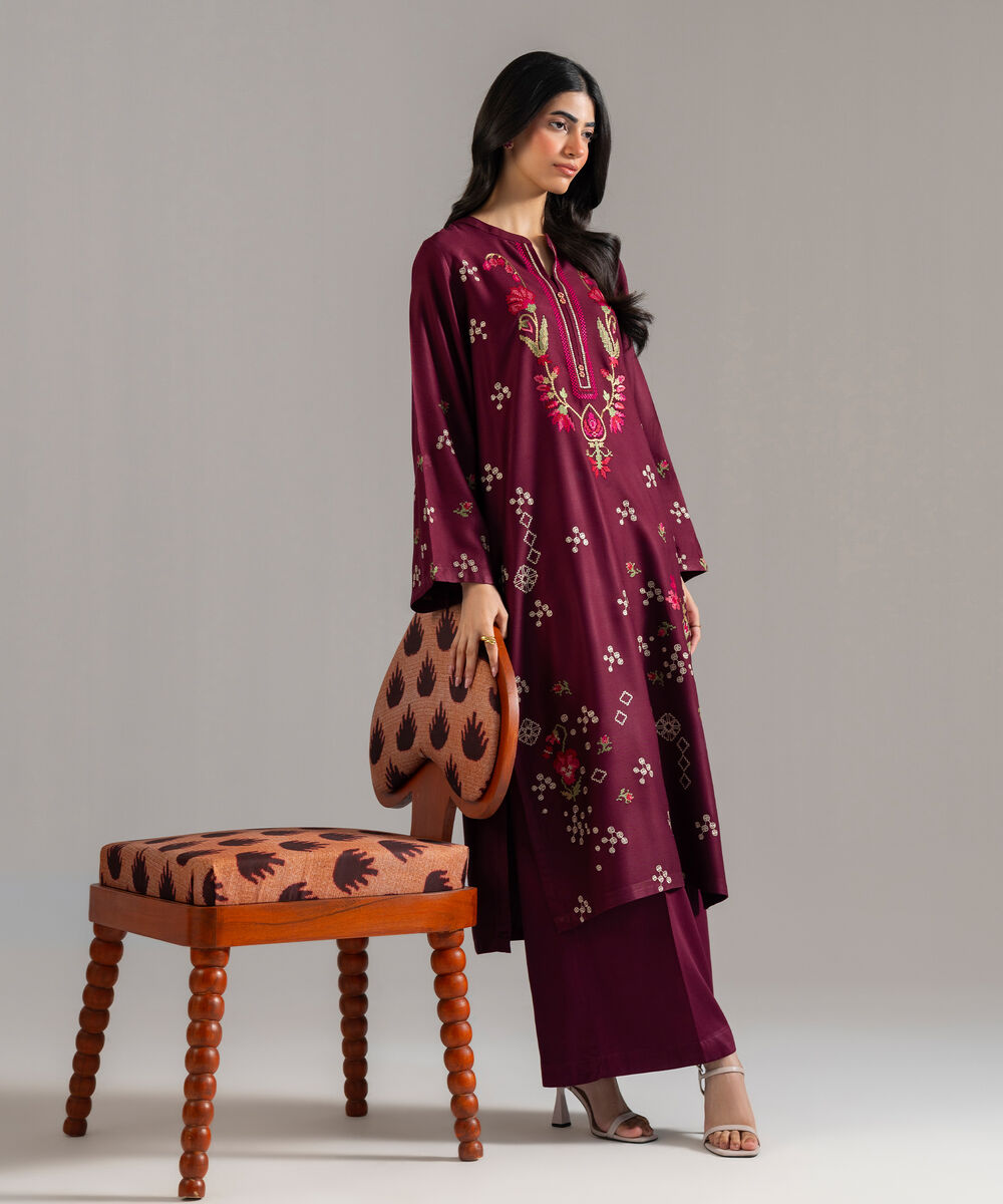 Women's RTW Bedford Solid Embroidered Plum A-Line Shirt