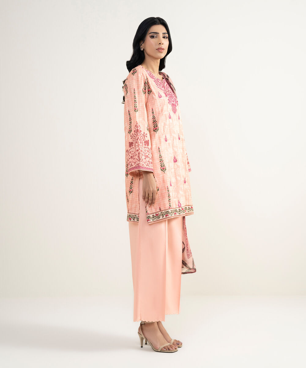 Women's RTW Cotton Embroidered Pink 3 Piece Suit