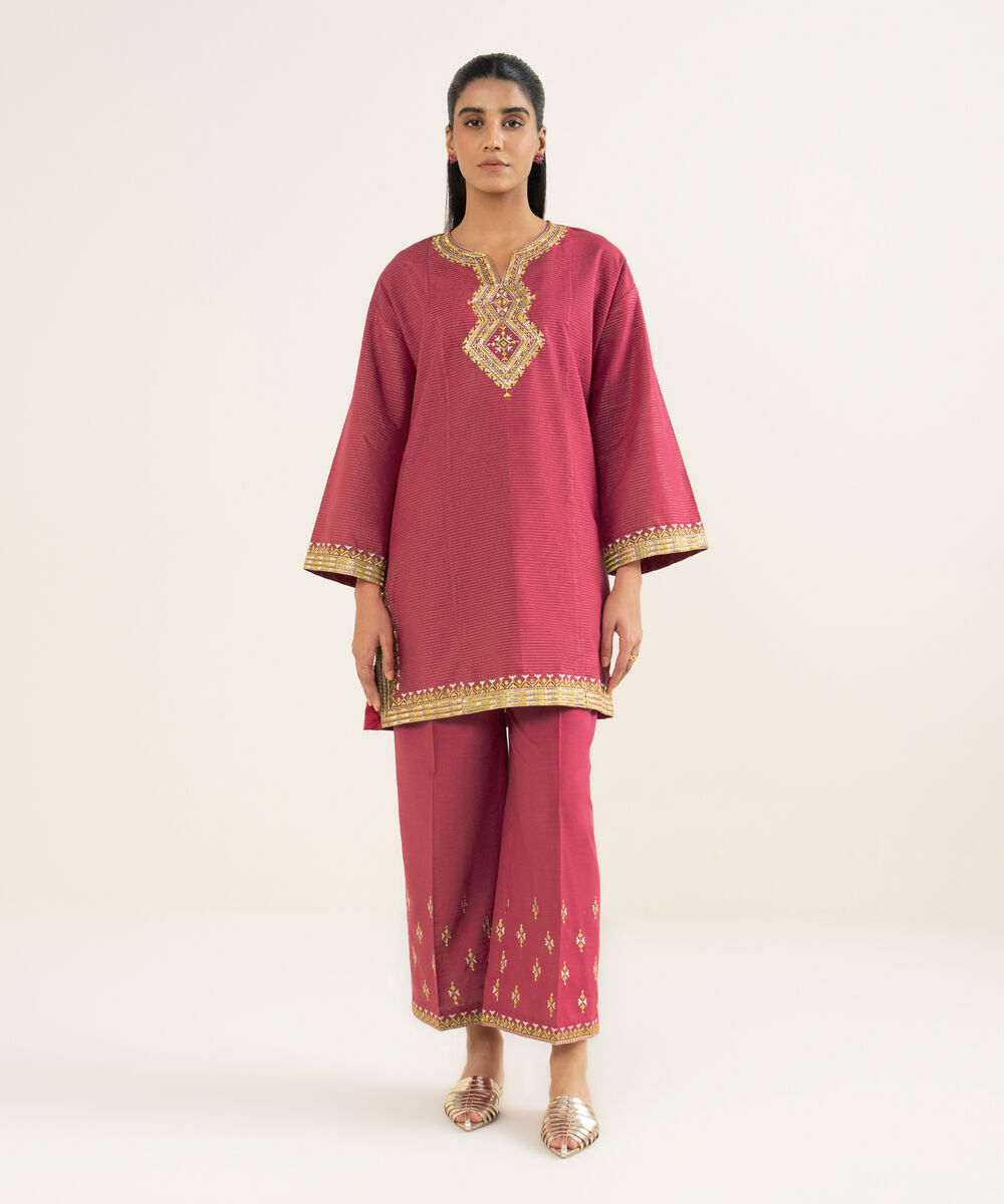 Women's RTW Light Khaddar Embroidered Pink Drop Shoulder Shirt