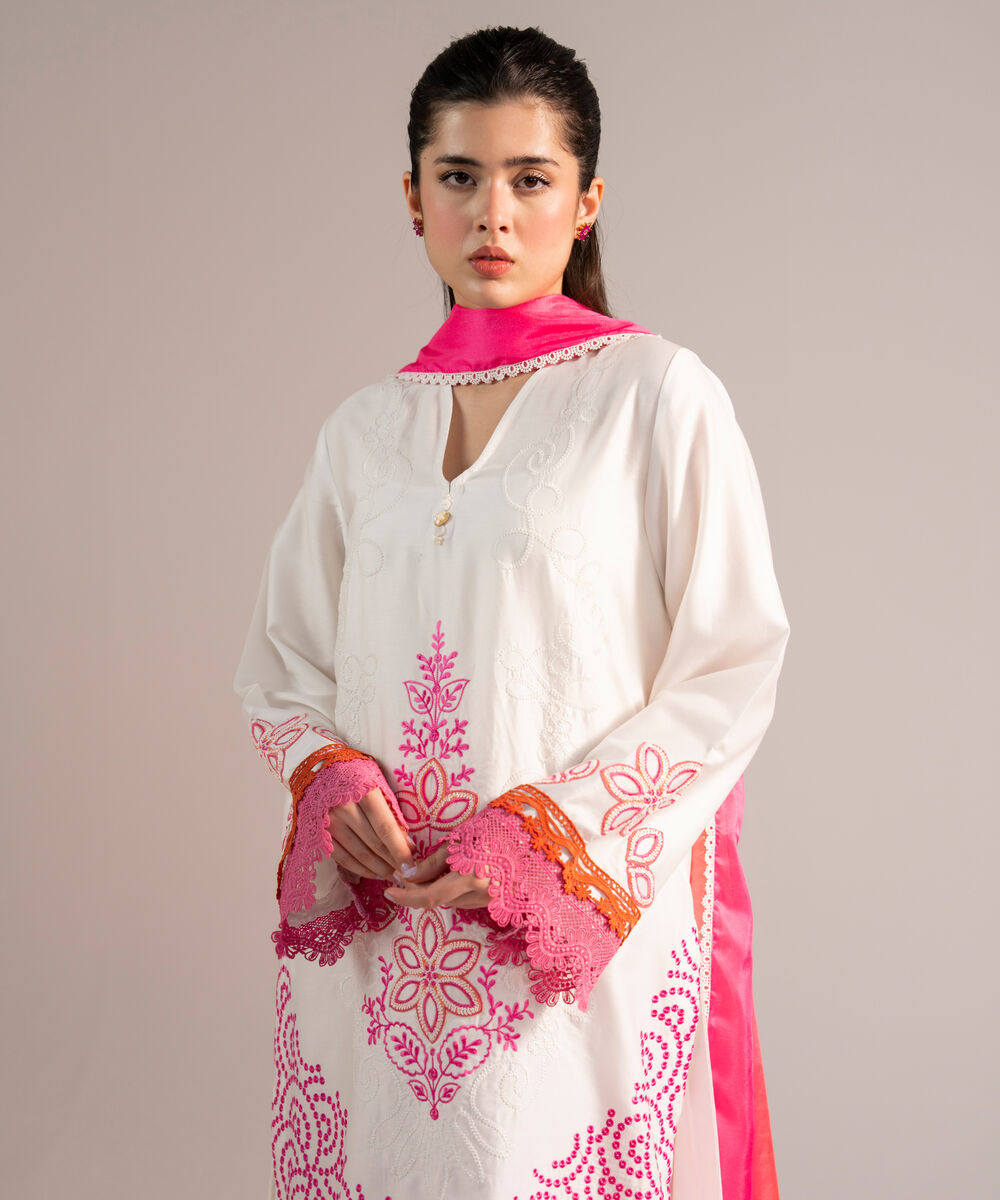 Women's RTW Cotton Satin Embroidered White 2 Piece Suit