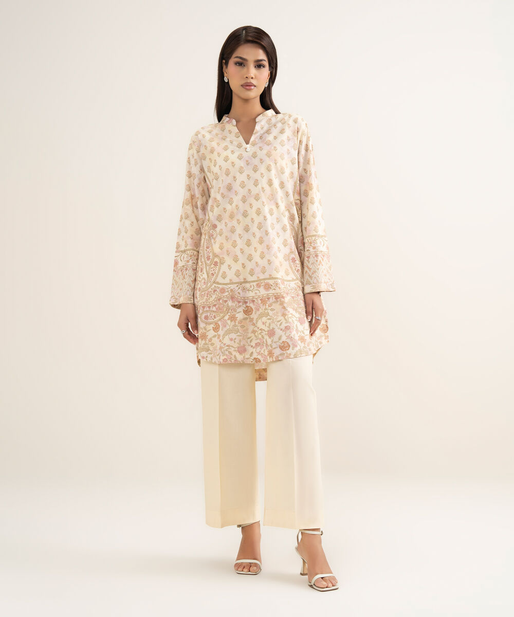 Women's RTW Cotton Viscose Printed Beige Straight Shirt