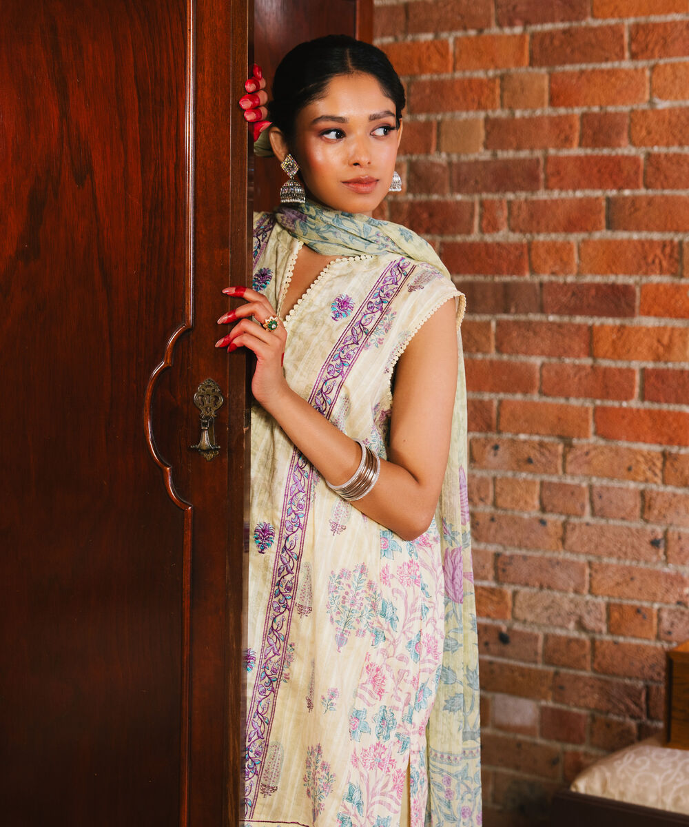 Women's RTW Cotton Embroidered Yellow 3 Piece Suit