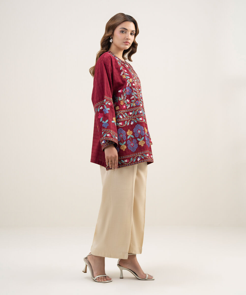 Women's RTW Dobby Embroidered Maroon Drop Shoulder Shirt