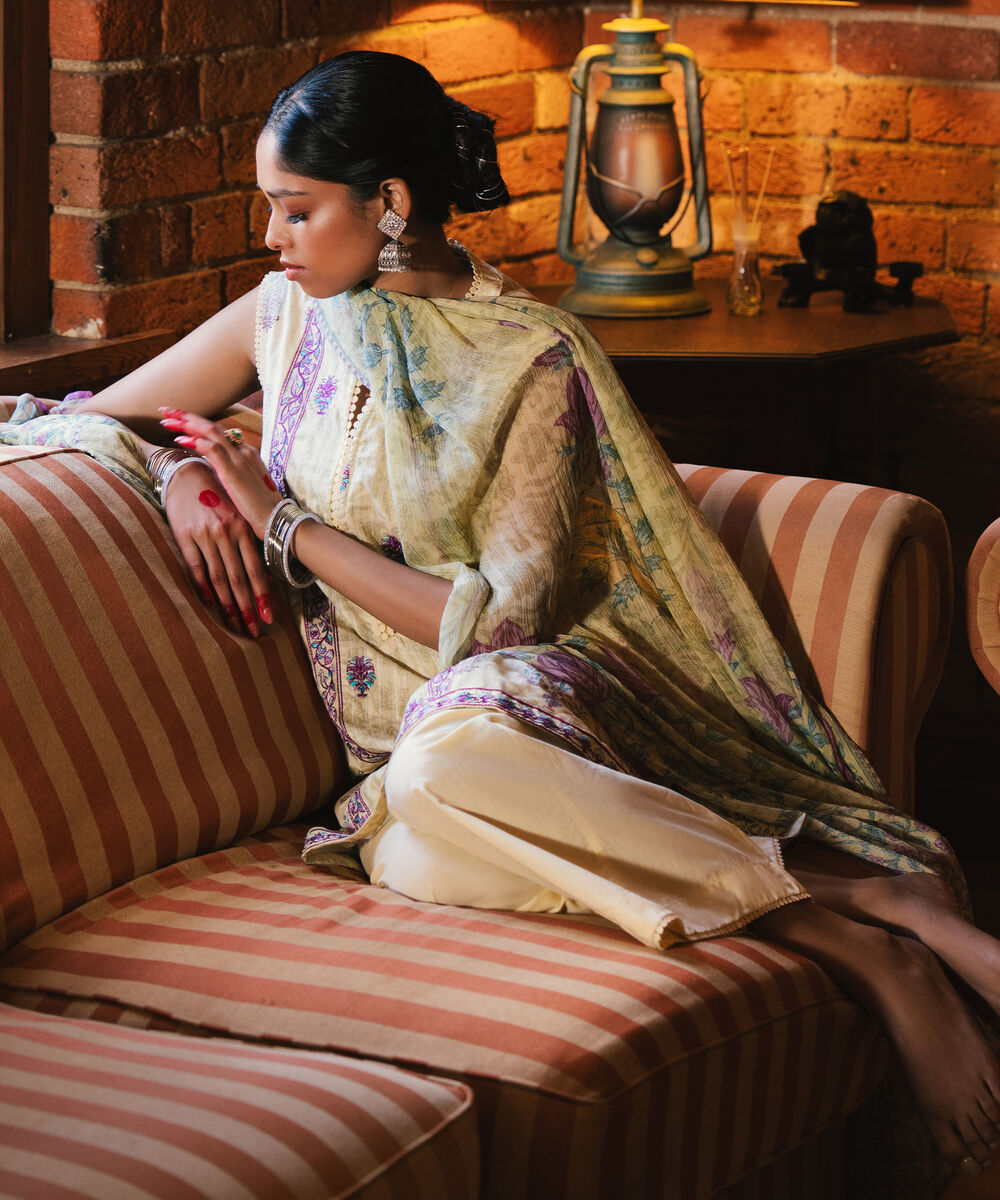 Women's RTW Cotton Embroidered Yellow 3 Piece Suit