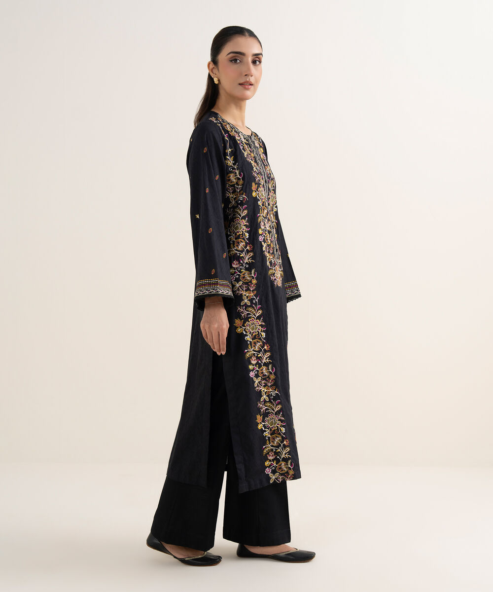 Women's RTW Self Jacquard Embroidered A-Line Black Shirt