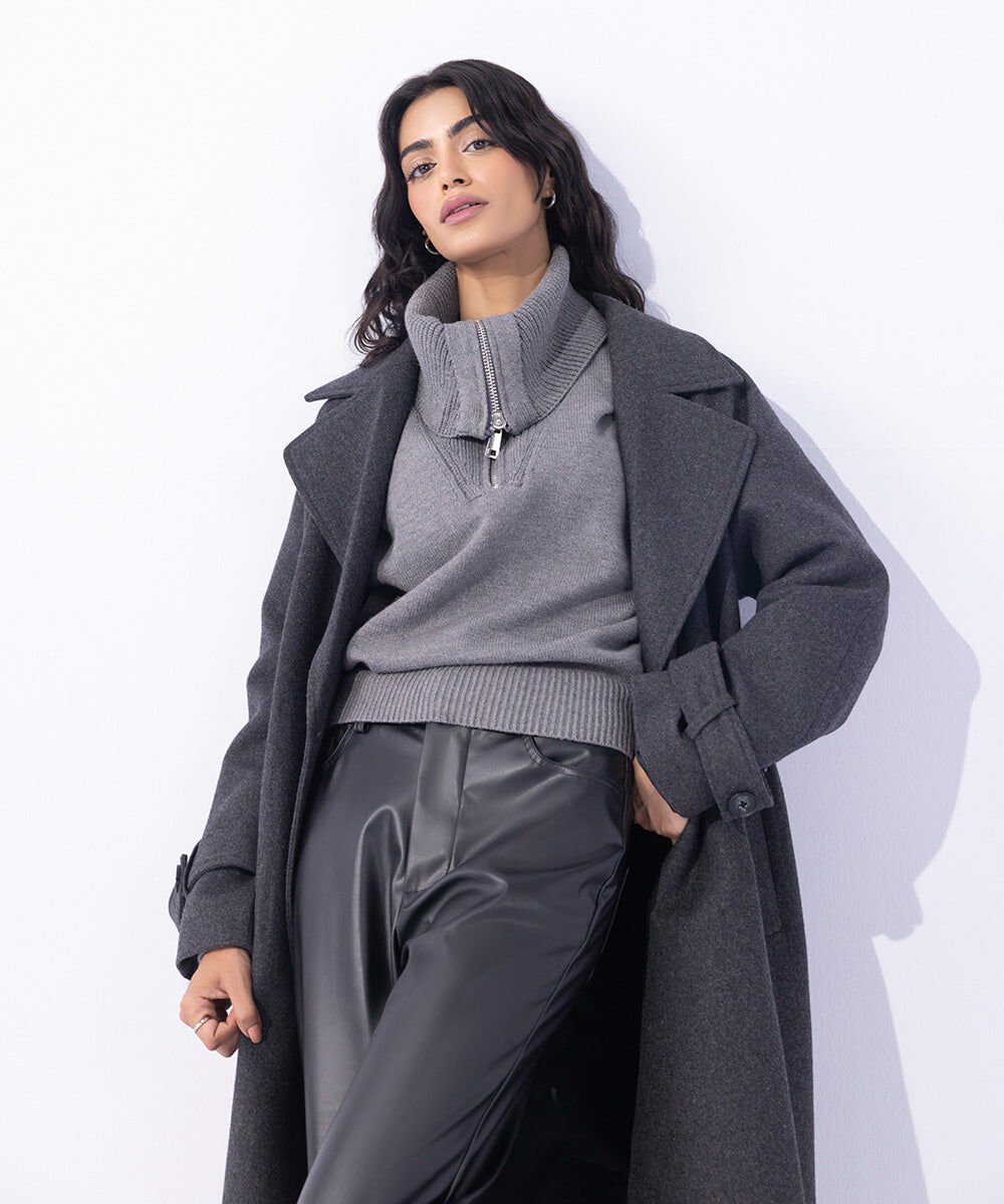 Woman - Grey Double Breasted Long Coat