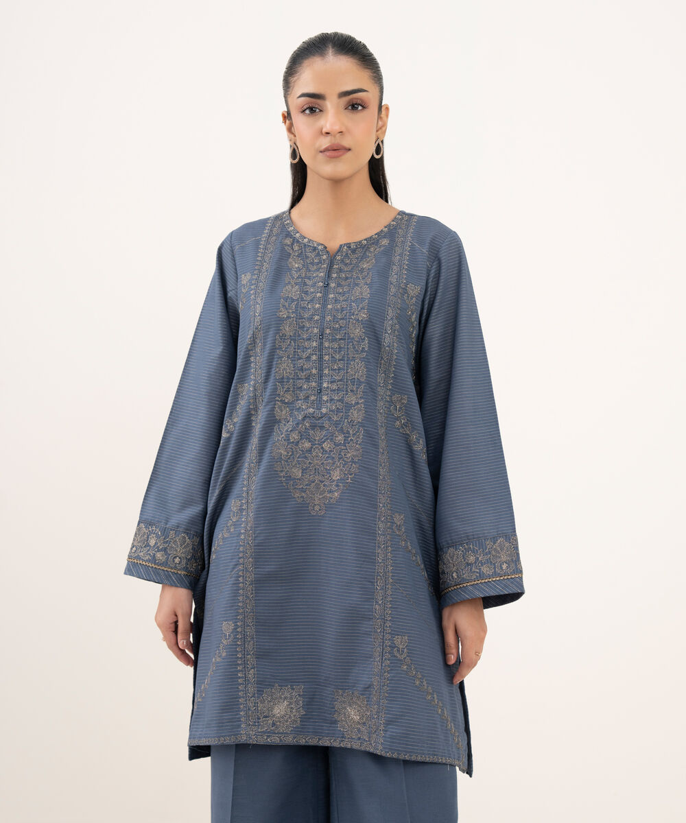 Women's RTW Cotton Embroidered Straight Blue Shirt