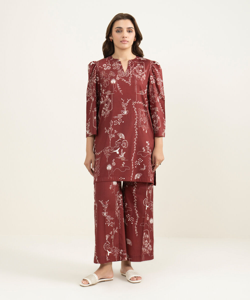 Women's RTW Cotton Viscose Printed Maroon Straight Shirt