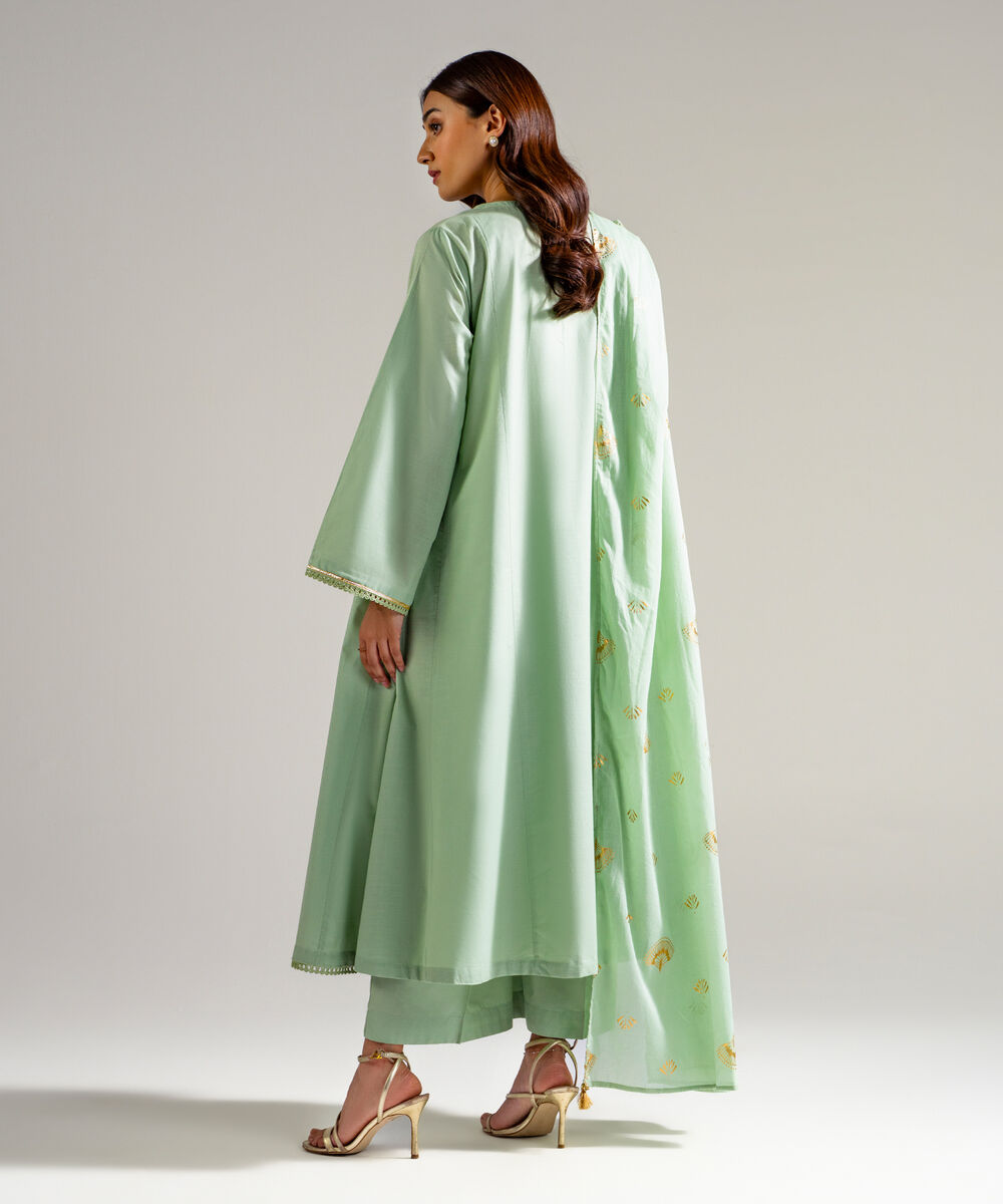 Women's RTW Slub Lawn Solid Green 3 Piece Suit