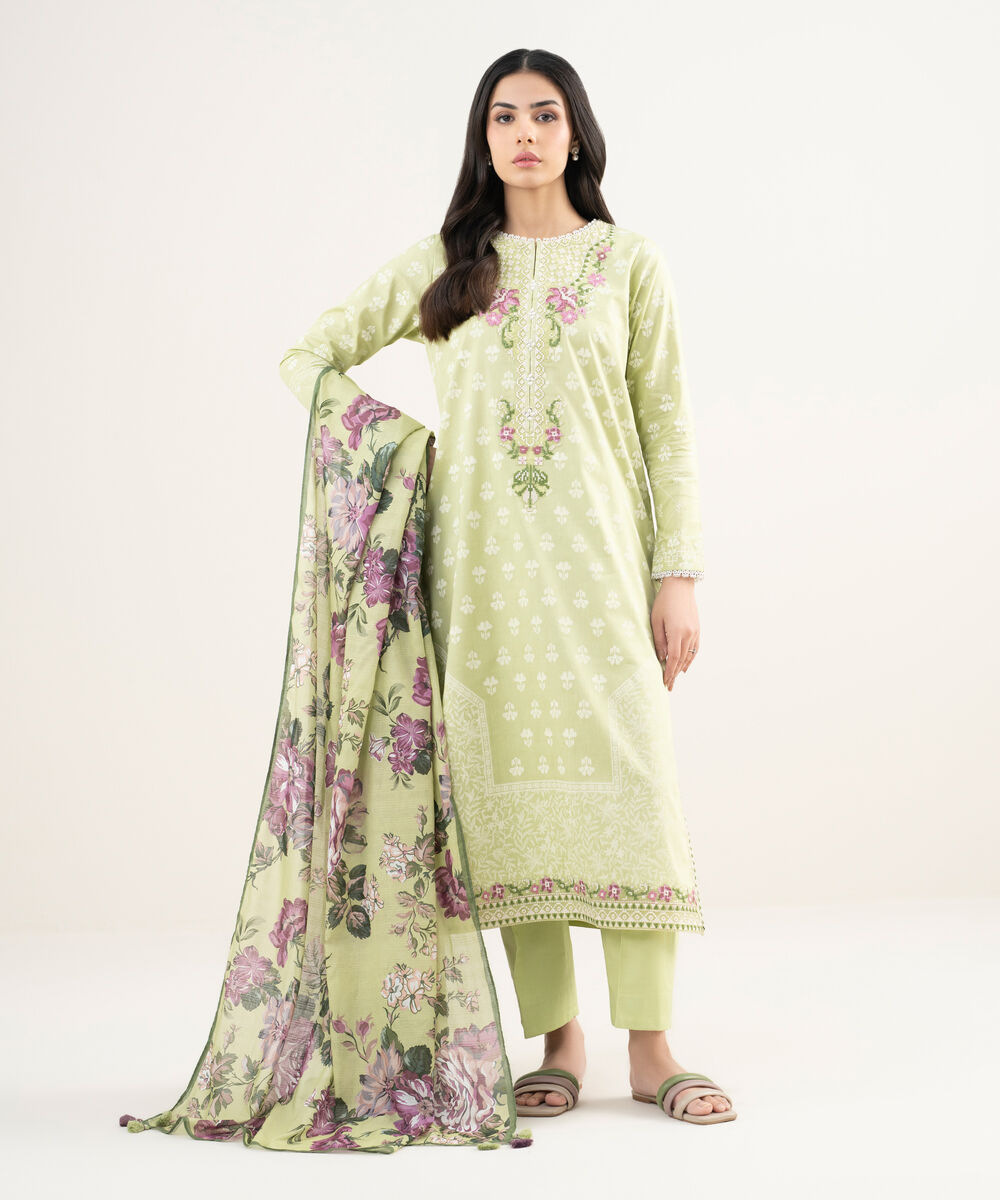 Women's Unstitched Lawn Embroidered Green 3 Piece Suit