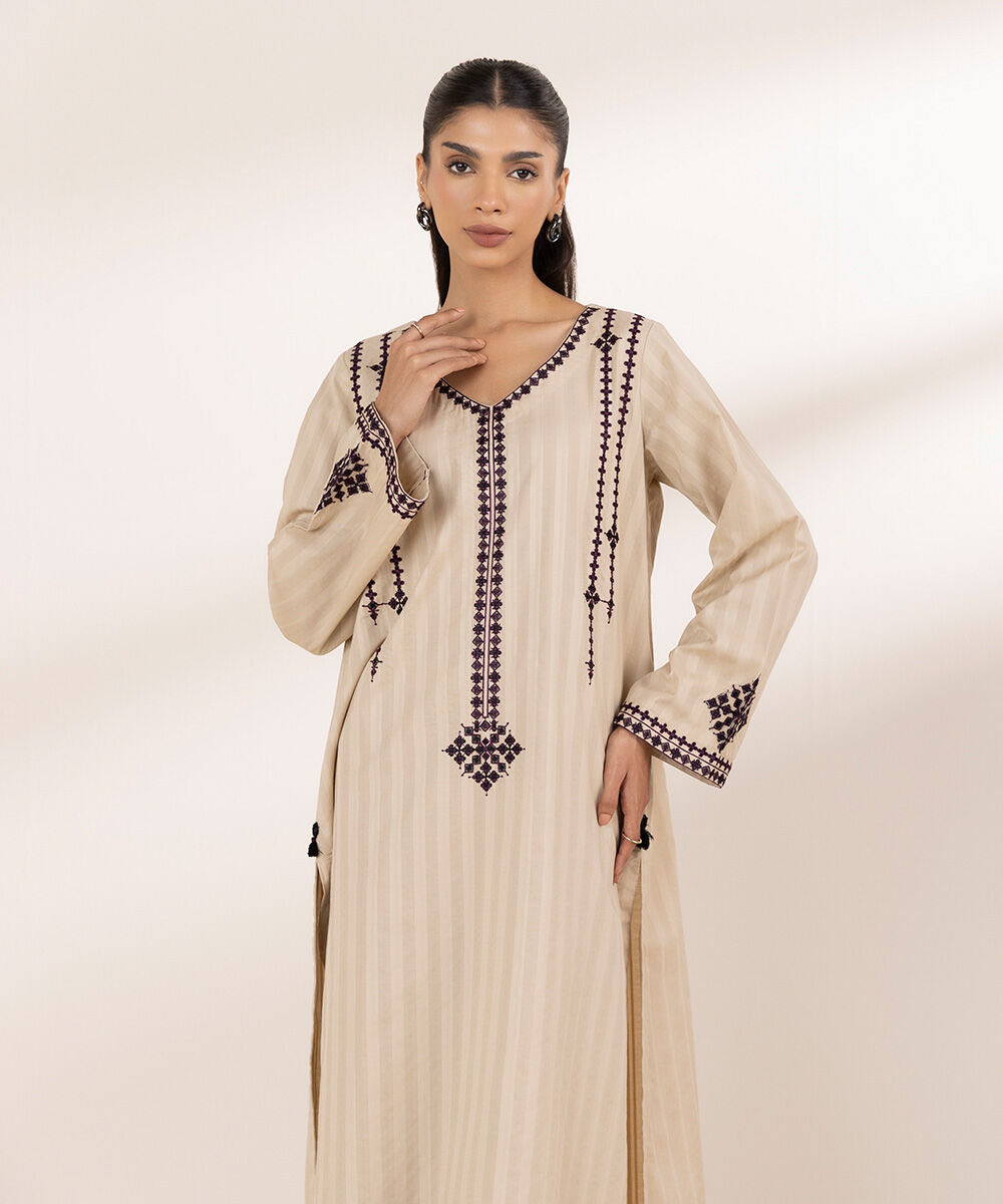 Women's RTW Textured Cotton Beige Embroidered A-Line Shirt